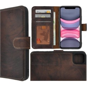 iPhone 11 hoesje - Bookcase - Portemonnee Hoes Krasvrij Echt leer Wallet case Middenbruin