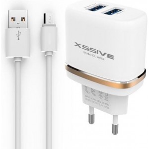 Xssive Duo Dual USB lader voor Huawei o.a. P8, P7, Y560, Y635, Y625, Y221, Honor, Mate met Micro USB Kabel 1meter met 2 poorten