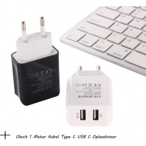 Olesit 3.4A 17W Fast Charge Adapter 2 Poort Lader Snellader Type C Oplader 2 Poorten met 1 Meter Kabel USB C Oplaadsnoer