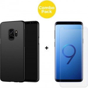 Samsung Galaxy S9 Telefoonhoesje met Screenprotector | Zwart Soft Touch Siliconen Smartphone Case | Gehard Glas