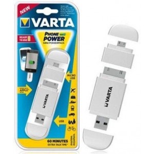 Varta mini portable powerbank 400mAh - 30 pins - micro USB - Apple - Iphone 4  - Ipad - Samsung - wit