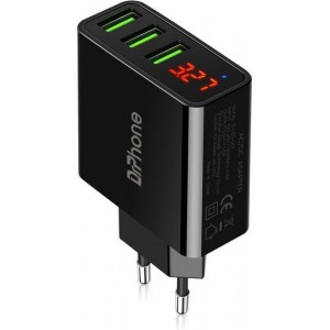 DrPhone Thuislader 3 poorten USB-oplader 2.4A Smart Fast Charge Lader met LED-display real-time status