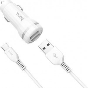 HOCO Z27 Staunch Duo-poort Auto-oplader + USB-C kabel wit 1 meter wit voor Samsung, Huawei, Xiaomi, etc.