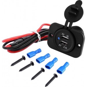 MMOBIEL Universele Waterproof 12v autolader 2 USB poorten oplader inclusief bedradings-set