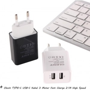 Olesit 3.1A 15,5W Fast Charge Adapter 2 Poort Lader Snellader Oplader 2 Poorten + TYPE-C USB-C Kabel 3 Meter Fast Charge