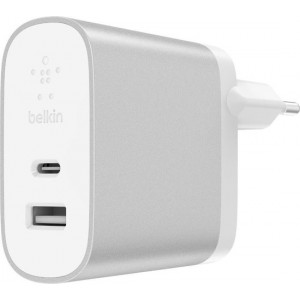 Belkin Thuis snellader iPhone PowerDelivery dubbele poort 27W USB-C en 12W USB- A  - Zilver