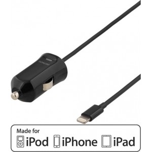 DELTACO USB-CAR205 Autolader iPhone met Lightning aansluiting, indicatielampje, MFi, 1m kabel, zwart