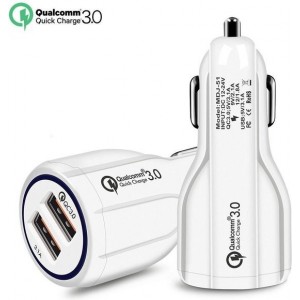 DrPhone Qualcomm 3.0 Fast Charge 30W Auto Oplader - WIT - Dual Poort 2 Poorten Snellader Reislader Auto Lader QC 3.0 - 30W