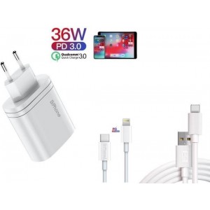 DrPhone ICON PRO - 2 Poorten 36W Lader + 1 Meter DM USB-C Kabel voor iPad + 1M Lightning 9V High Speed Laden iPhone