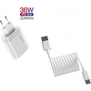 DrPhone ICON Lader - 36W Lader + 1 Meter DM Buigbare USB-C Kabel - Travet Set  - 5A High Speed Laden voor HUAWEI