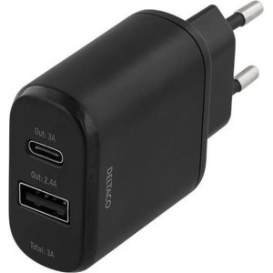 DELTACO USBC-AC104 230V USB - USB-C oplader 1 USB poort (2.4A - 5V) - 1 USB-C poort - 3A 15W - Zwart