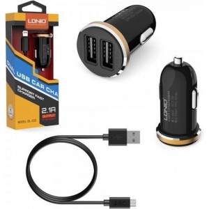 LDNIO C22 Zwart 2 USB Port Autolader 2.1A met 1 Meter Micro USB Kabel geschikt voor o.a Samsung Galaxy Note 2 3 4 Neo Edge