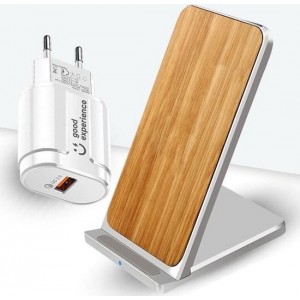 Qi Draadloze Oplader + 18W Adapter - Oplader iPhone - Oplader Samsung - Bamboe Stand 10W Fast Charger - GoodExperience