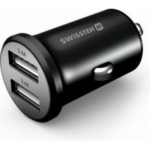 Swissten Mini Autolader met 2 USB Poorten - 4.8A - Zwart