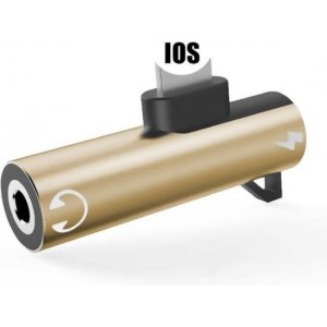 DrPhone – 2 in 1 Gun Splitter – Lightning + 3.5mm AUX Jack - Muziek + Bellen + Opladen - Voor Apple apparaten – Goud