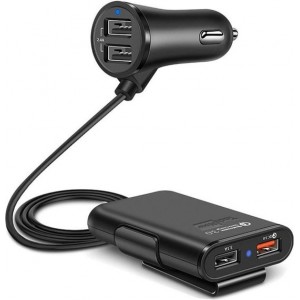 Autolader met 4 USB Poorten - Oplader met Fast Charge - Zwart - TechNow