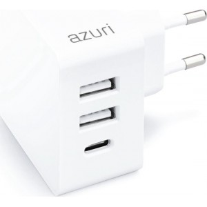 Azuri smartphone thuislader met 2x USB-A & 1x USB-C - met USB-C kabel - Wit