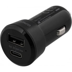 Deltaco USBC-CAR108 Autolader met 1 x USB en 1 x USB-C 3A max. 15W - Zwart