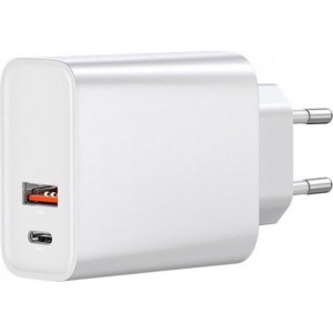 Oplaadstekker 30W Snellader voor je Smartphone of Tablet - USB 3.0 + USB C PD 3.0 - Quick Charger 5A - Wit