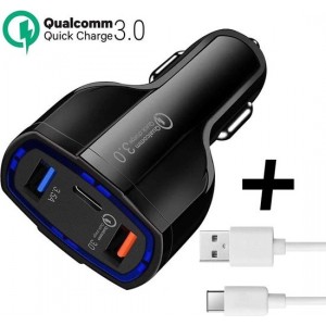 Autolader met 3 USB Poorten + USB-C Kabel - Oplader met Fast Charge - Zwart - TechNow