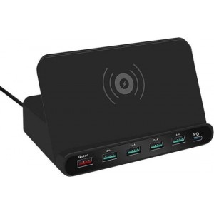 DrPhone SmartC5 Draadloos Laadstation - USB HUB Oplader - 1 Qi Lader- 4x 2.4A & 1x Qualcom 3.0 & PD opladen met Standhouder