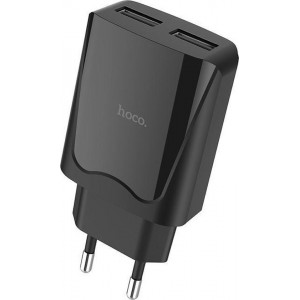 HOCO C52A Authority Power USB oplader adapter zwart met 2 poorten voor Apple iPhone en iPad, Samsung Galaxy, Huawei, Xiaomi, etc
