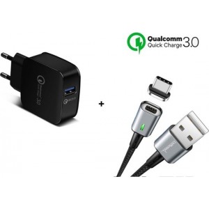 DrPhone 18W Snellader Adapter/Stekker - Thuislader + DrPhone iCON Premium TYPE-C Magnetisch USB-C Oplaadkabel - S9 / S10 Note 9