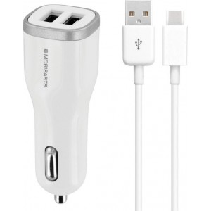 Mobiparts USB-A autolader met 2 poorten en losse USB-C kabel - Smart IC - 4,8A / wit - 1 meter