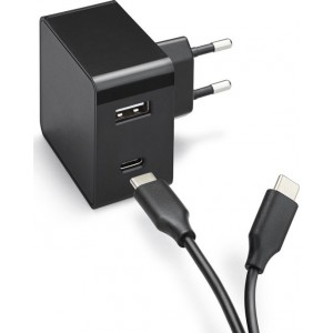 Azuri Universele USB-C 30W snelle oplader - met USB-C kabel - 2 USB poorten - Zwart