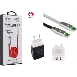 Olesit 2 poorten USB-oplader 3.1A Fast Charge Snellader  + TYPE C Kabel 1mtr 3.0A High Speed - Geschikt voor TYPE C Modellen