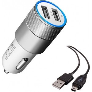 Durata DR-DC858 Zilver 2 USB Poorten USB autolader 2.1A Snel Oplader Auto adapter met 1 Mini USB Kabel Voor Tomtom Navigatie