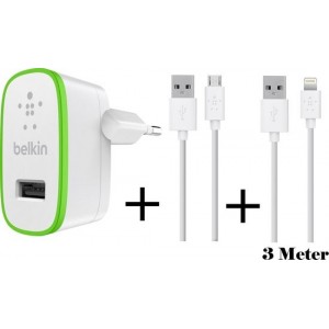 Belkin Telefoon Oplader 2.4A inclusief Belkin 3 Meter Apple Lightning en 1.2 Meter Micro USB Kabel F8M886VF04-WHT-F8J023BT3M-WHT