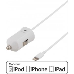 DELTACO USB-CAR204 Autolader iPhone met Lightning aansluiting, indicatielampje, MFi, 1m kabel, wit