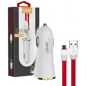 LDNIO C28 Wit 2 USB Port Autolader 3.4A met 1 Meter Micro USB Kabel geschikt voor o.a Samsung Galaxy A6 A7 J6 2018 J4 J6  Plus