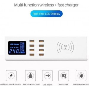 DrPhone SmartC2 - USB-laadstation met 8 USB Poorten 2.4A en Digitale LED-display/ Qi Draadloos Snel Laden 7.5/10W - Wit