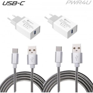 PWR4U adapter met aluminium snoer - set van twee - snellader met USB-C kabel - QC 3.0