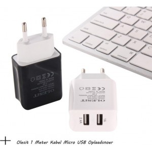 Olesit 3.4A 17W Fast Charge Adapter 2 Poort Lader Snellader Micro USB Oplader 2 Poorten met 1 Meter Kabel Micro USB