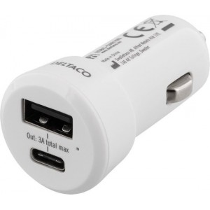 Deltaco USBC-CAR109 Autolader met 1 x USB en 1 x USB-C 3A max. 15W - Wit