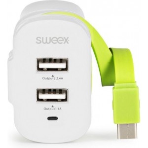 Sweex - Sweex CH-027WH Lader 3-uitgangen 3 A 2x Usb / Usb-c™ Wit/groen - 30 Dagen Niet Goed Geld Terug