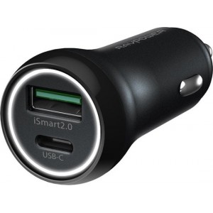 RAVPower Autolader 36W met 2 USB Poorten  iSmart 2.0  Quick Charge 3.0  1x USB-C 18W  Zwart