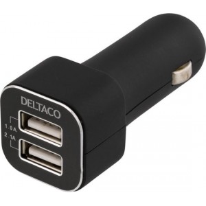 DELTACO USB-CAR69, Autolader, 3.1A, 2x USB Type A, 12V DC ingang, zwart