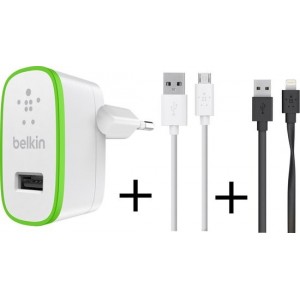 Belkin Telefoon Oplader 2.4A inclusief Belkin 1.2 Meter Apple Lightning en Micro USB Kabel F8M886VF04-WHT-F8J148BT04-BLK