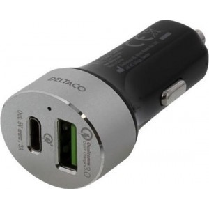 Deltaco USBC-CAR101 Autolader met USB en USB-C poort en Quick Charge 3.0 - 6A max. 33W - Zwart/Zilver