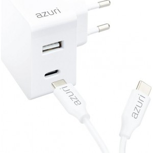 Azuri Universele USB-C 30W snelle oplader - met USB kabel - 2 USB poorten - Wit