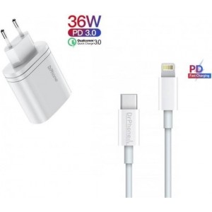 DrPhone - ICON - 36W - 2 Poort Oplader - USB-C + 1 Meter USB-C Naar Lightning Kabel 9V - Voor Apple iPhone + iPad - Wit