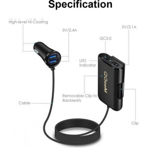 High speed - QC3.0 - autolader oplaad adapter met 4 USB poorten 3.0A - met verlengkabel voor achterbank