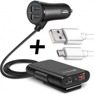 Autolader met 4 USB Poorten + Micro-USB Kabel - Oplader met Fast Charge - Zwart - TechNow