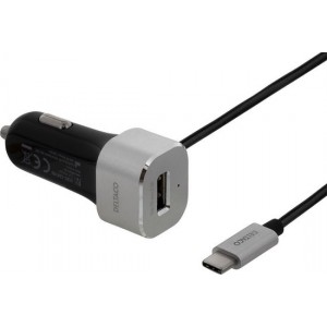 Deltaco USBC-CAR100 Autolader met USB en USB-C kabel - 5.4A max. 27W - Zwart/Zilver