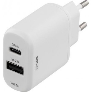 DELTACO USBC-AC106 230V USB - USB-C oplader 1 USB poort (2.4A - 5V) - 1 USB-C poort - 3A 15W - Wit