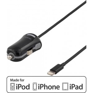 DELTACO USB-CAR201 Autolader iPhone met Lightning aansluiting, MFi, 1m kabel, zwart